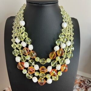 Vtg W Germany Four Strand Yellow & Orange Acrylic Necklace w/Hook Clasp 17” D9